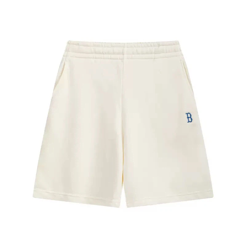 Casual Sports Shorts, Embroidered Letter B Loose Fit Elastic Waist Shorts Unisex Cream White