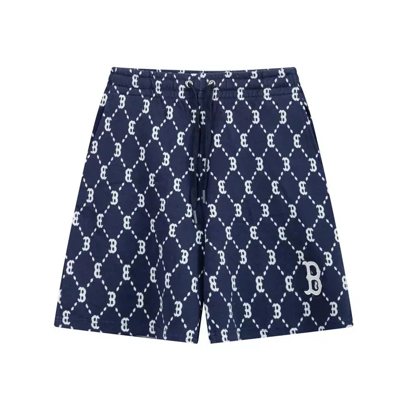 Diamond Monogram All‑Over Print Shorts, Letter B Embroidery Elastic Waist Casual Unisex Shorts Navy Blue