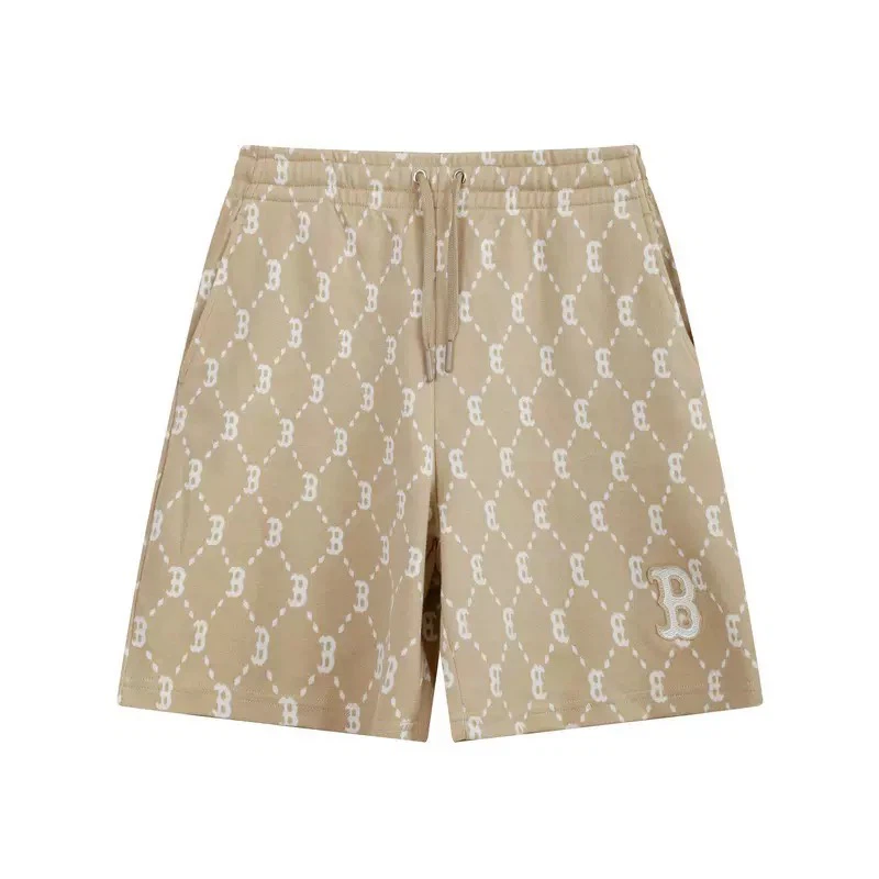 Diamond Monogram Pattern Shorts, Embroidered Letter B Loose Casual Summer Unisex Shorts Khaki