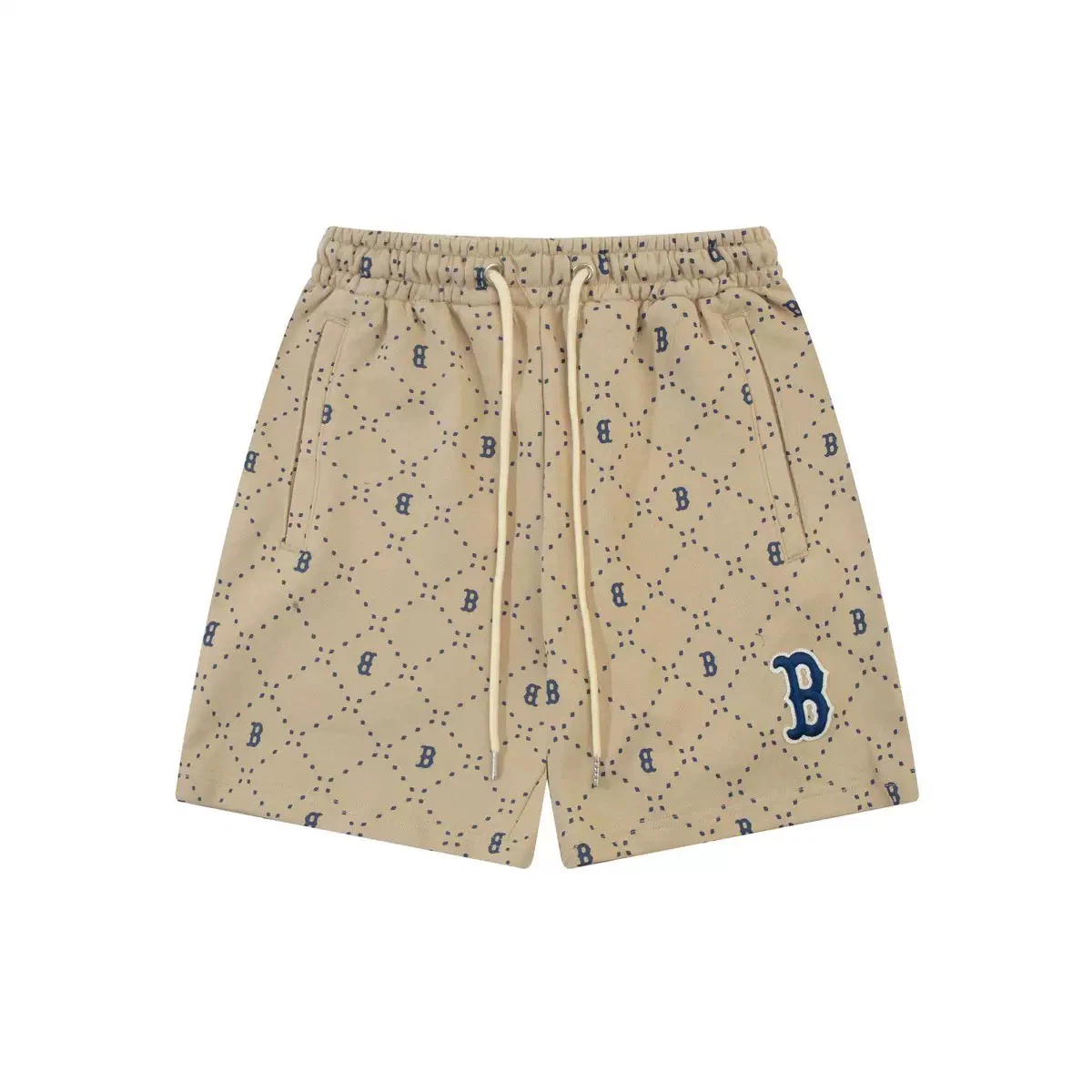 Diamond Monogram Pattern Shorts, Embroidered Letter B Loose Casual Summer Unisex Shorts Khaki
