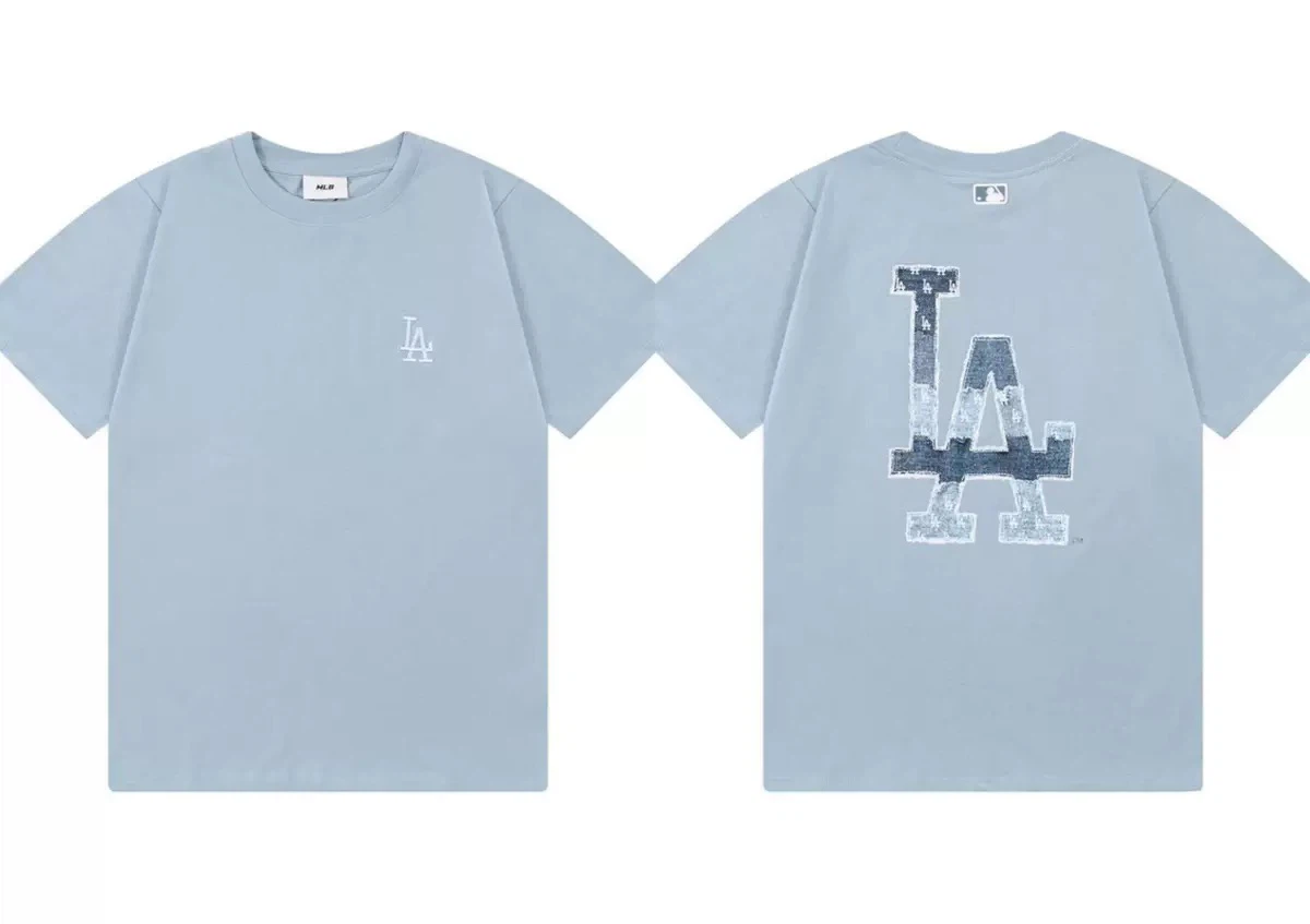 Los Angeles Dodgers Washed Denim Effect T-Shirt, Unisex Casual Short Sleeve Tee Light Blue