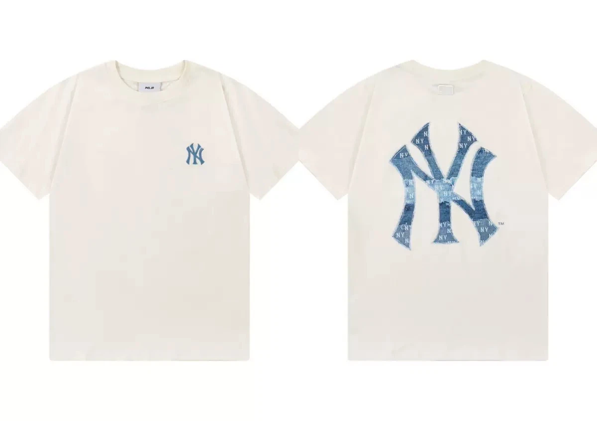New York Yankees Monogram Denim Print T-Shirt, Unisex Casual Short Sleeve Tee Off-White