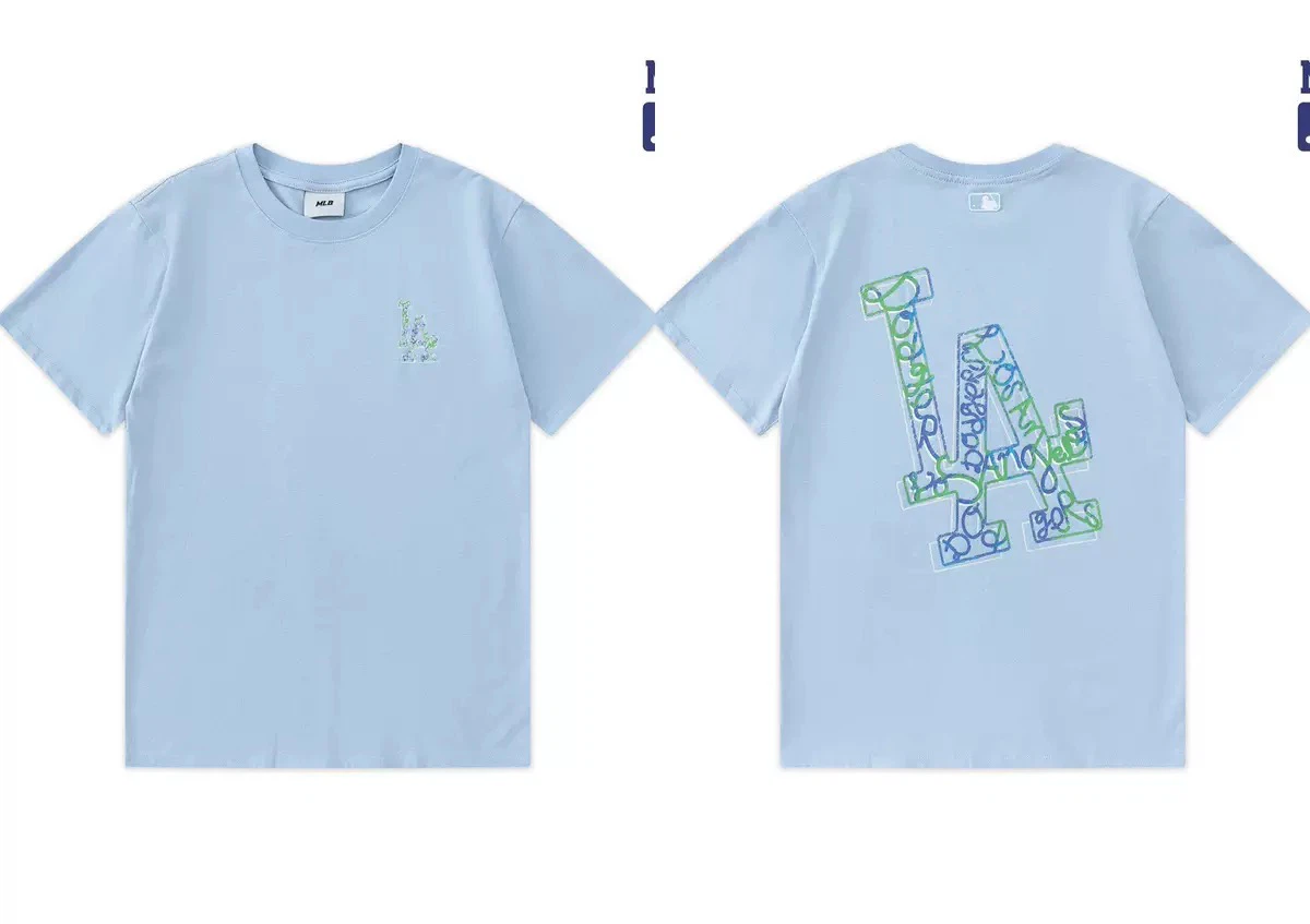 Los Angeles Dodgers Graffiti Print T-Shirt, Unisex Casual Short Sleeve Tee Light Blue ****