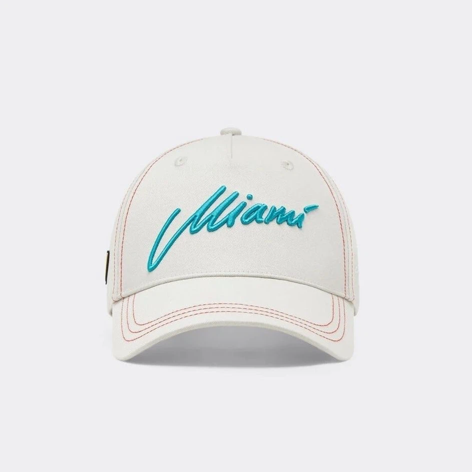 Ferrari Scuderia F1 Miami Grand Prix Adjustable Hat, White Miami Script Embroidered Cap For Racing Fans