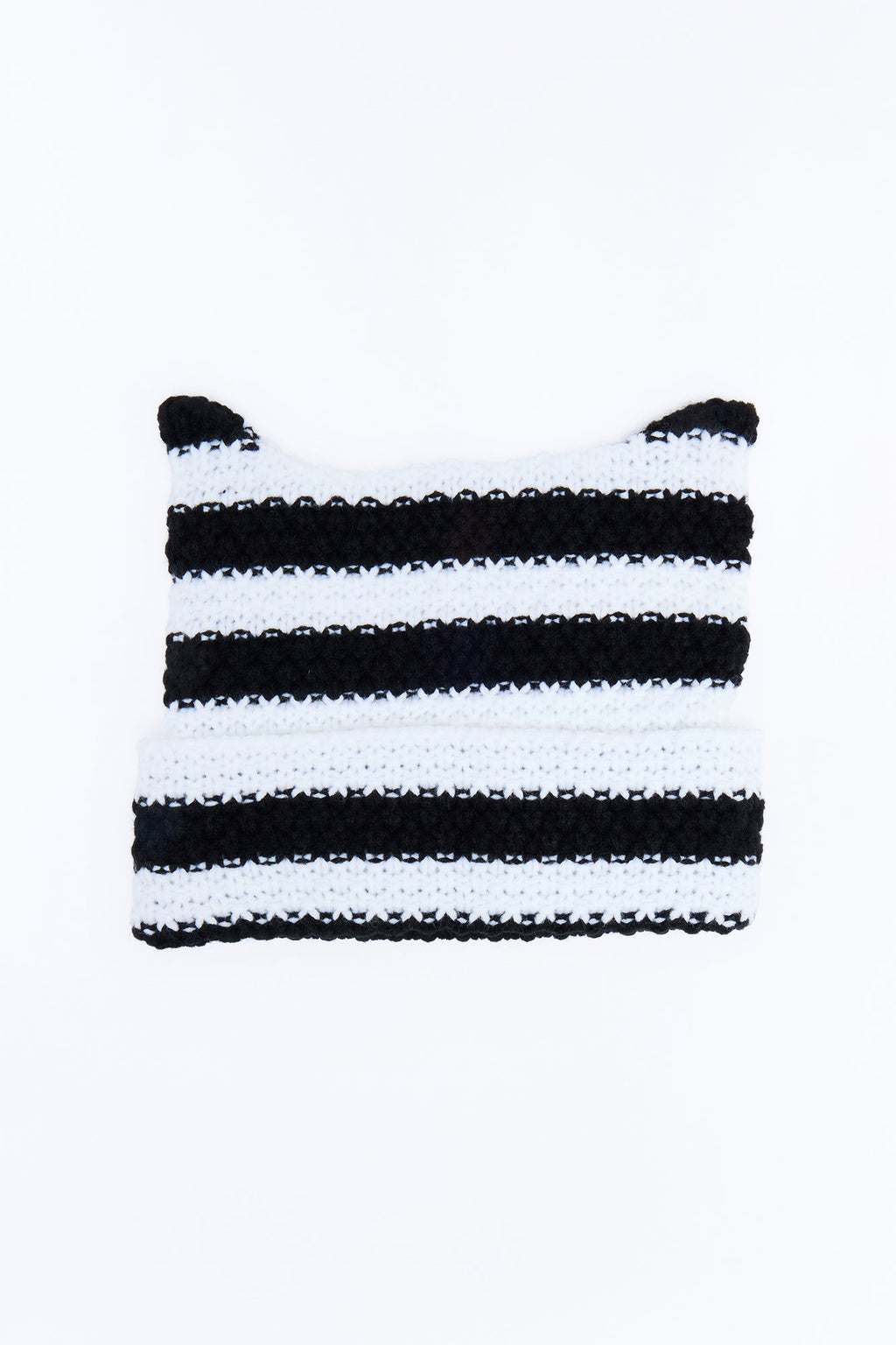 Striped Cat Ears Knit Beanie - Black/combo