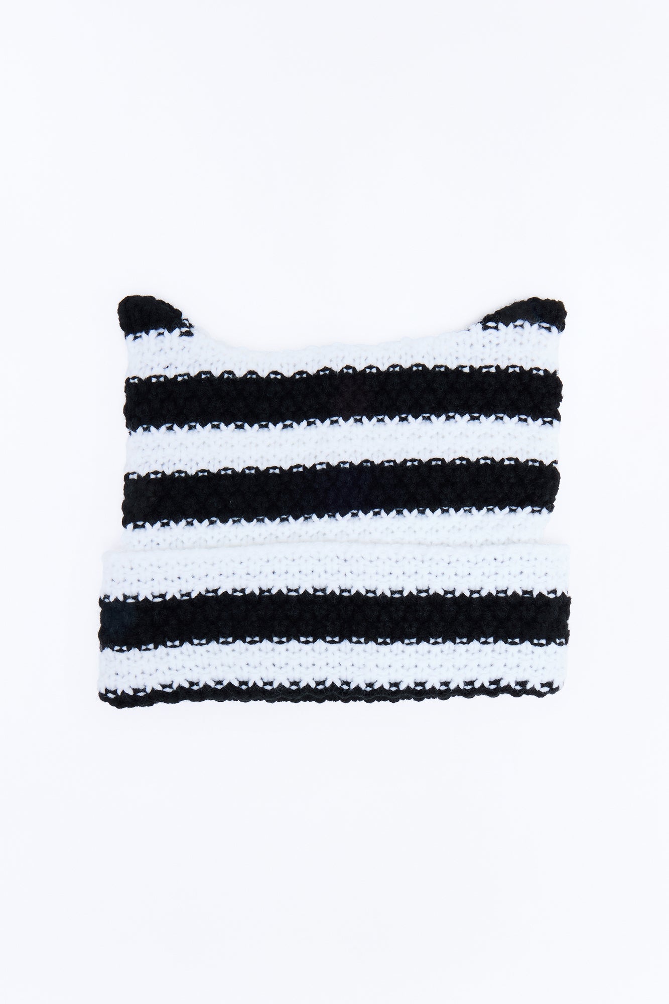 Striped Cat Ears Knit Beanie - Black/combo